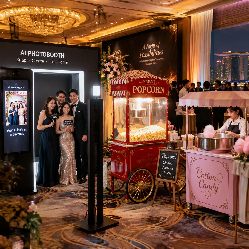 Corporate event entertainment bundle Singapore — AI photobooth with popcorn and candy floss stations at a gala dinner
