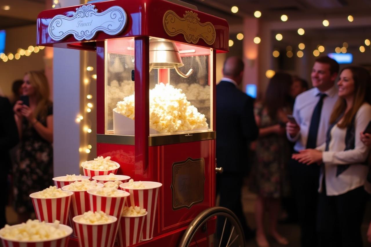 Red and gold popcorn cart serving fresh popcorn at an event